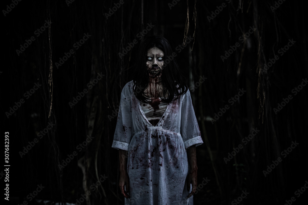Portrait of asian woman make up ghost face with blood,Horror scene,Scary background,Halloween poster,Thailand people