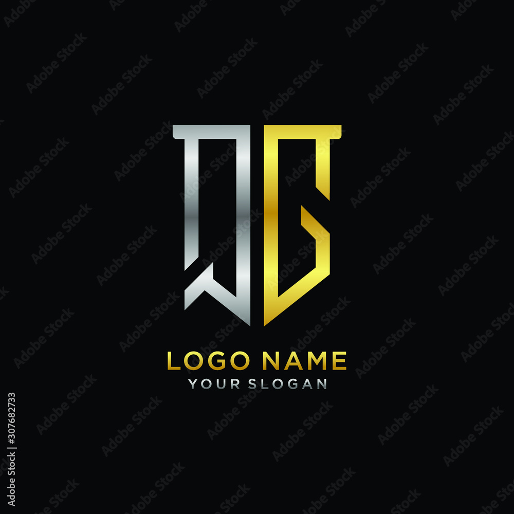 Abstract letter QG shield logo design template. Premium nominal monogram business sign.shield shape Letter Design in silver gold color Abstract letter QG shield logo design template. Premium nominal monogram business sign.shield shape Letter Design in silver gold color