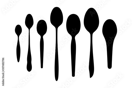 Spoons set, simple black silhouette of cutlery, vector illustration