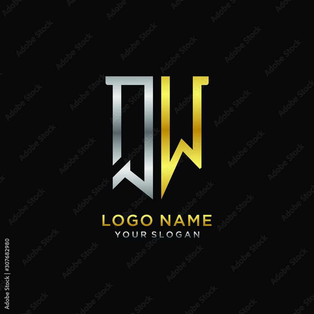 Abstract letter QW shield logo design template. Premium nominal monogram business sign.shield shape Letter Design in silver gold color