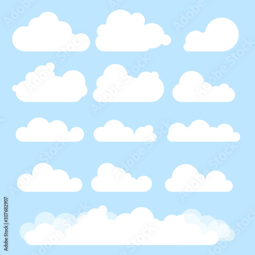 Vector cartoon flat set of white clouds, vector illustration