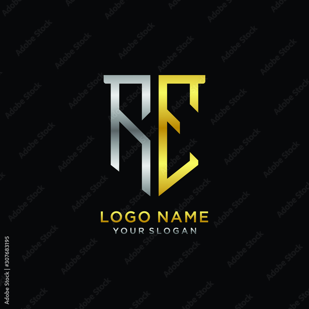 Obraz premium Abstract letter RE shield logo design template. Premium nominal monogram business sign.shield shape Letter Design in silver gold color