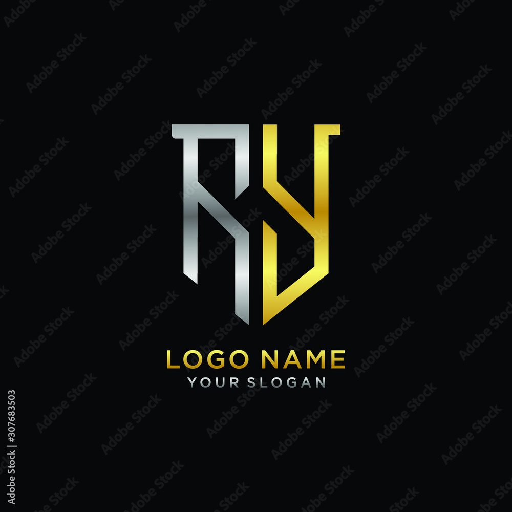 Abstract letter RY shield logo design template. Premium nominal monogram business sign.shield shape Letter Design in silver gold color Abstract letter RY shield logo design template. Premium nominal monogram business sign.shield shape Letter Design in silver gold color