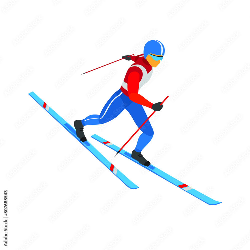Winter sports - skiing. Athlete in red, white and blue - colors of Russia, USA, France. Cartoon skier running downhill. 3D isometric vector clip art isolated on white background.