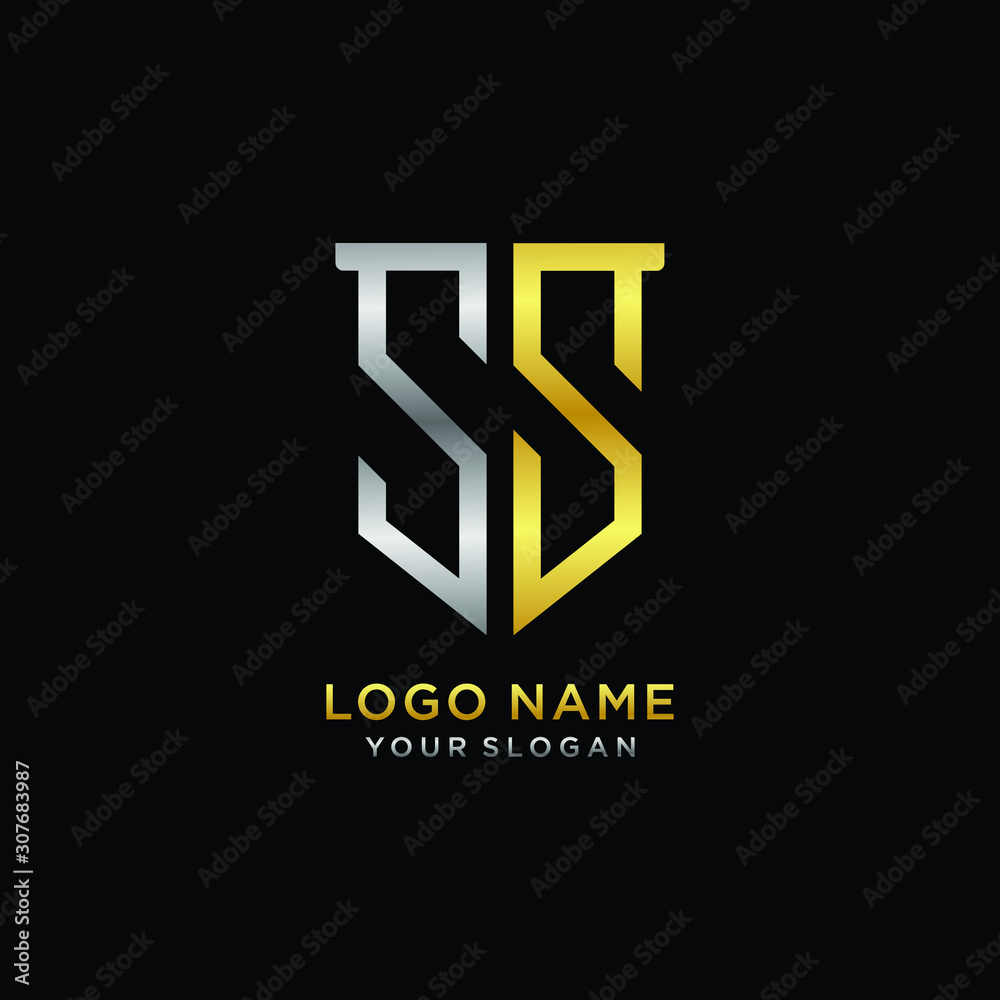 Abstract letter SS shield logo design template. Premium nominal monogram business sign.shield shape Letter Design in silver gold color Abstract letter SS shield logo design template. Premium nominal monogram business sign.shield shape Letter Design in silver gold color