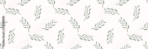 Watercolor Stem Leaf Motif Banner Background. Seamless Pattern Sage Green on ...