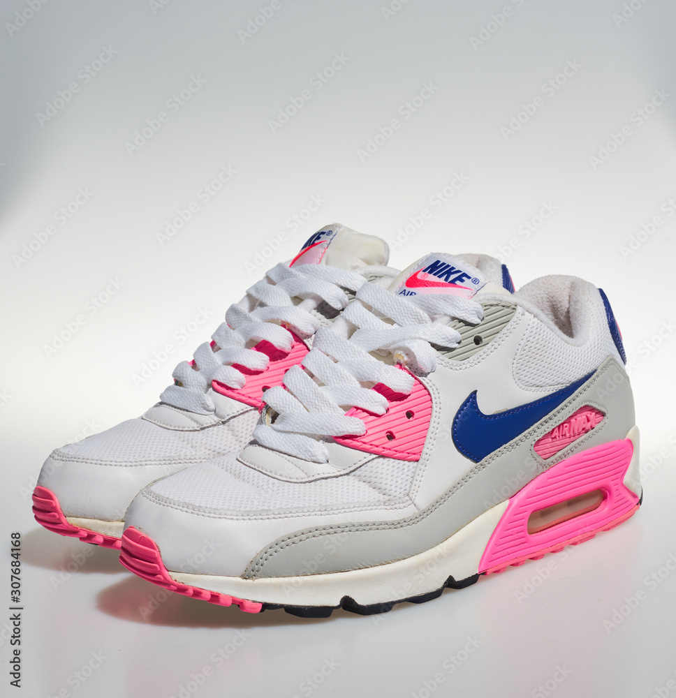 englabnd, 05/08/2018 Nike Air max 90s, White, pink, purple, Nike air max retro classic sneaker trainers. Nike sport and street wear fashionable athletic apparel. Isolated nikes. Stock Photo | Adobe Stock