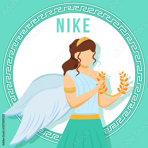 Nike turquoise social media post mockup. Ancient Greek goddess. Mythological figure. Web banner design template. Social media booster, content layout. Poster, printable card with flat illustrations