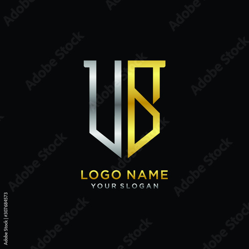 11 Abstract letter UB shield logo design template. Premium nominal monogram business sign.shield shape Letter Design in silver gold color