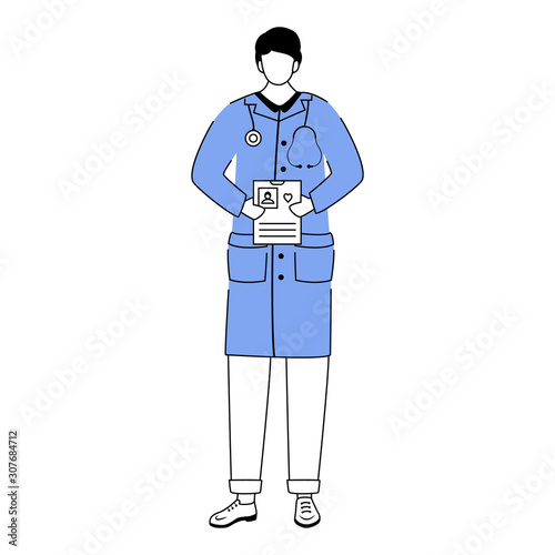 Male doctor flat vector illustration. General practitioner holding patient card. Therapist, physician with stethoscope. Medical worker. Doc, medic, cardiologist cartoon character isolated on white