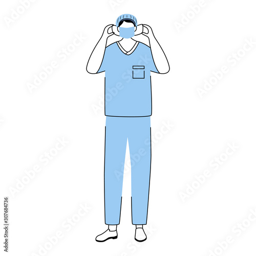 Surgeon flat vector illustration. Doctor wearing medical mask. Physician, therapist cartoon character. General practitioner in blue uniform. Medic preparing for surgical operation isolated on white