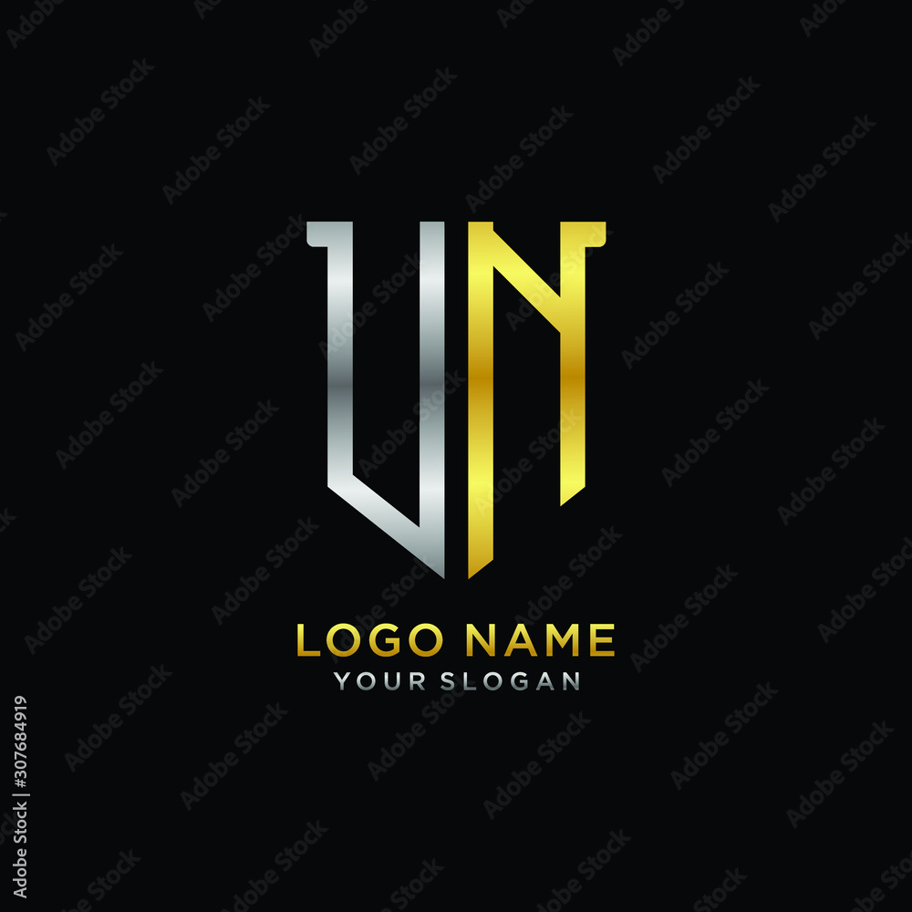 11 Abstract letter UN shield logo design template. Premium nominal monogram business sign.shield shape Letter Design in silver gold color 11 Abstract letter UN shield logo design template. Premium nominal monogram business sign.shield shape Letter Design in silver gold color