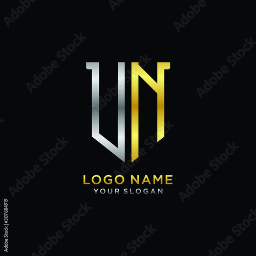 Free Download 11 Abstract letter UN shield logo design template. Premium nominal monogram business sign.shield shape Letter Design in silver gold color - GFXLoad