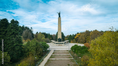 Aerial view of monument of SFRJ architecture in woods. Fruska Gora mountain near Novi Sad.