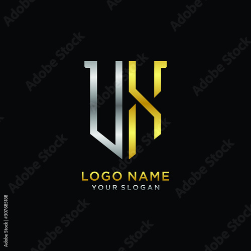 11 Abstract letter UX shield logo design template. Premium nominal monogram business sign.shield shape Letter Design in silver gold color