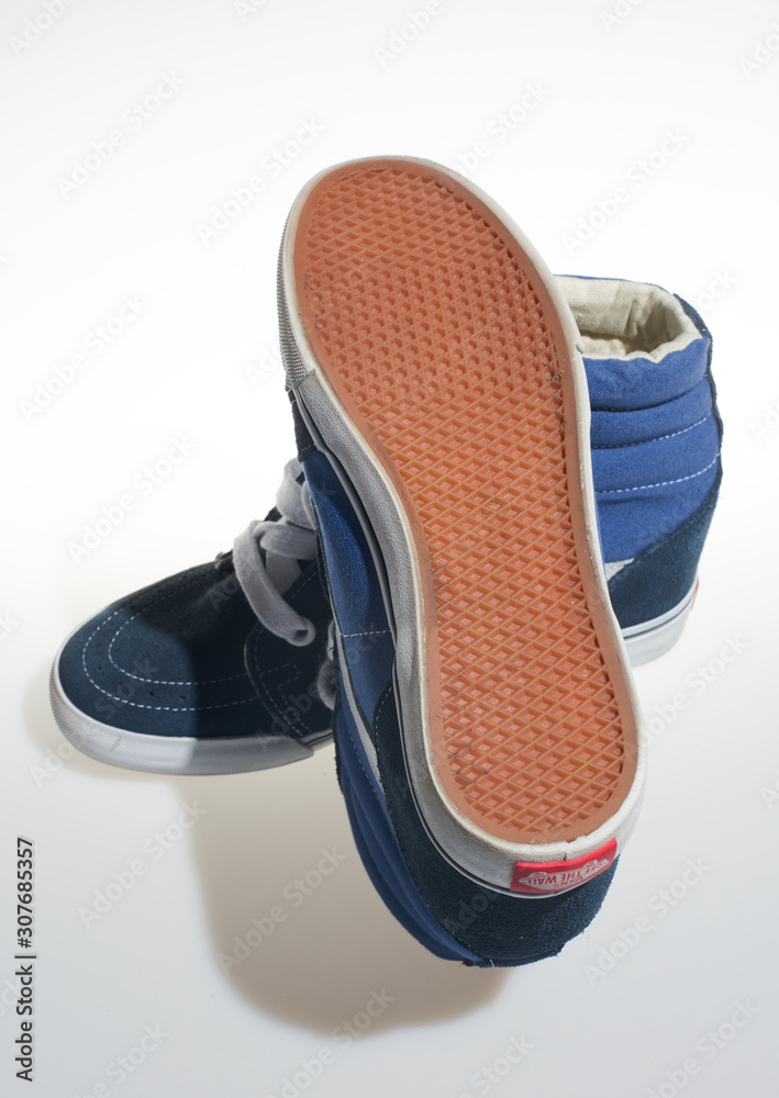 london, england, , 18/05/2019 Vans Sk8-Hi Wedge High Top Shoes marine and  white Iconic retro vintage classic fashion revival sneakers. skateboarding  culture. vans off the wall. Stock Photo | Adobe Stock