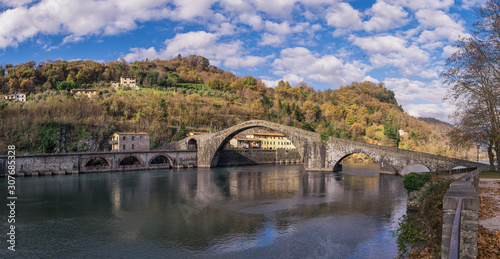 panorama of the vacation spot Ponte della Maddalena or Ponte del Diavolo ( Devil's Bridge) in Borgo a Mozzano Lucca. tuscany Italy