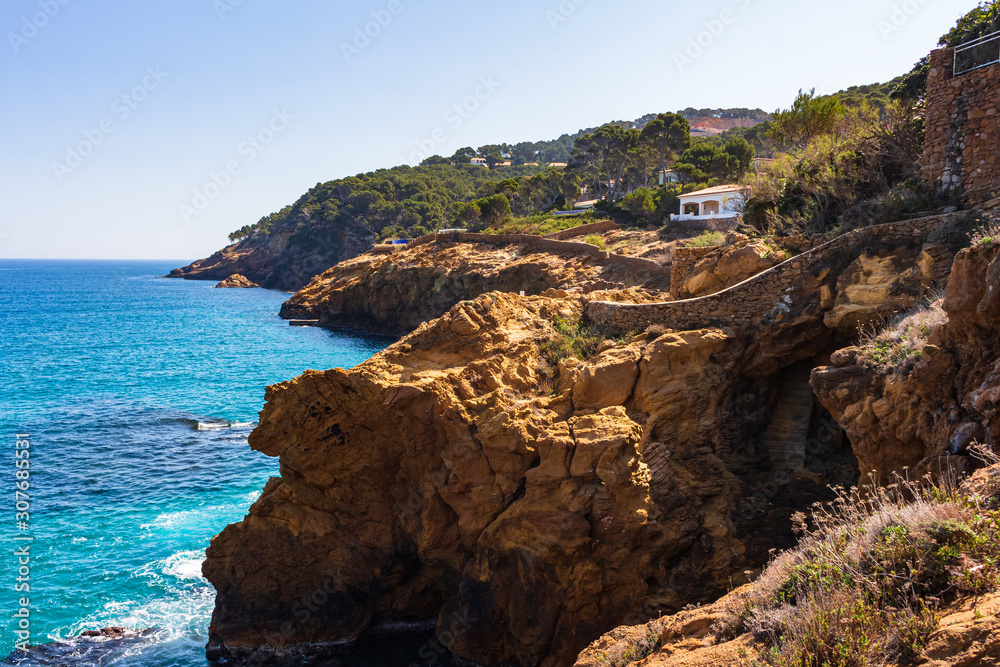 View of the coastal path of Sa Riera beach to Cala S'Antiga and Punta Reina, Begur, Costa Brava, Catalonia, Spain