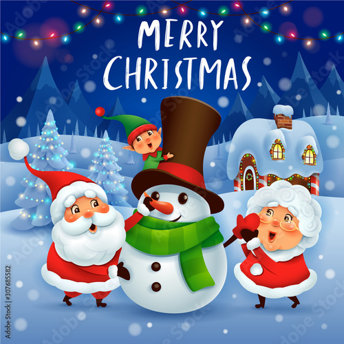 Santa Claus and Mrs.Claus building snowman in Christmas snow scene.