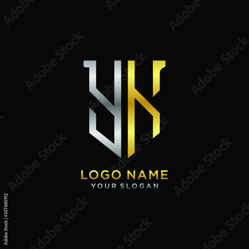 11 Abstract letter YK shield logo design template. Premium nominal monogram business sign.shield shape Letter Design in silver gold color photo