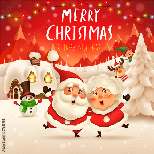 Santa Claus and Mrs.Claus in Christmas snow scene.