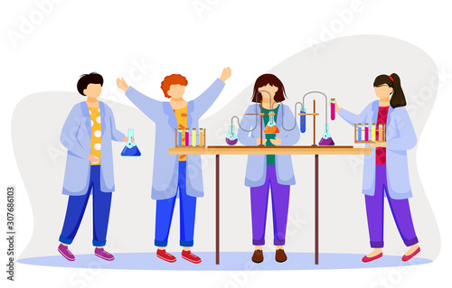 Science lesson flat vector illustration. Studying medicine, chemistry. Conducting experiment. Children in lab coats with test tubes, laboratory flasks isolated cartoon characters on white background