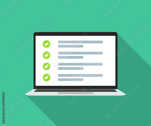 Laptop with online checklist in a flat design. Vector illustration