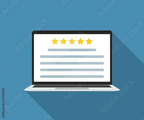 Laptop with online customer review in a flat design. Vector illustration