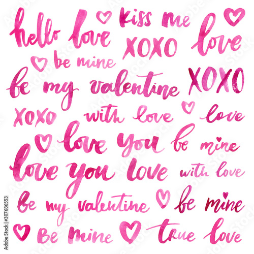 Unique handdrawn lettering set of words and phrases. Romantic design elements for Valentine's day, greeting cards, save the date invitation cards and posters. Pink ink. © alenaganzhela