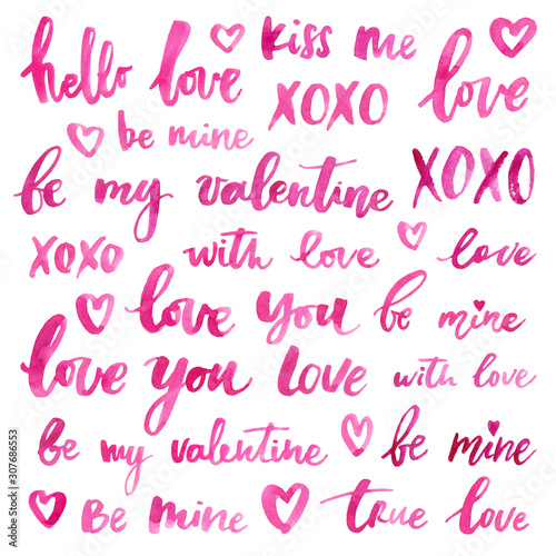 Unique handdrawn lettering set of words and phrases. Romantic design elements for Valentine's day, greeting cards, save the date invitation cards and posters. Pink ink.