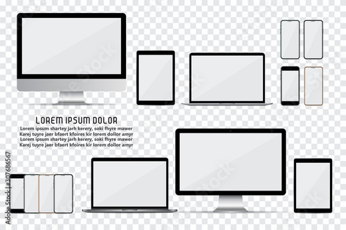 Set of computer monitor, laptop, smartphone and tablet with empty screen on a transparent background