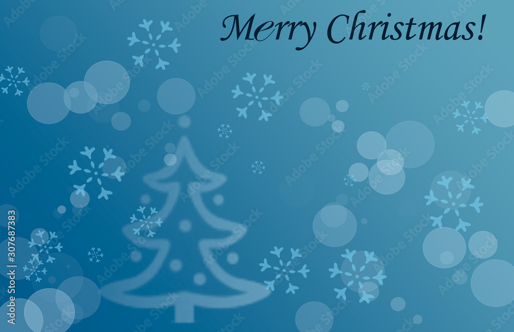 Background of blue color with the inscription Merry Christmas. Illustration with bokeh and snowflakes in soft blue and lilac colors. Creative, modern, minimalistic and stylish picture. 