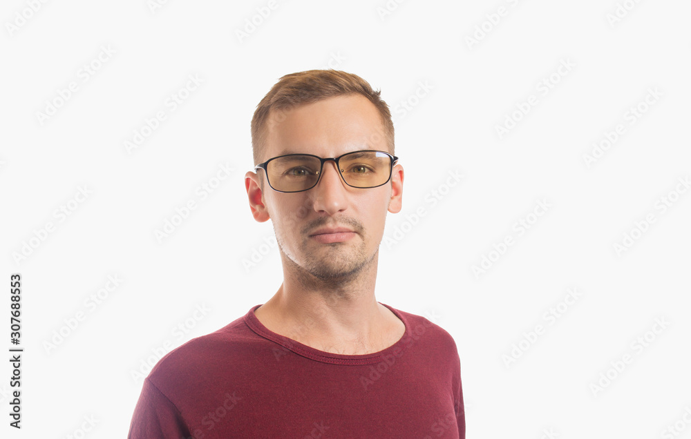 close-up portrait of a guy with glasses on a white background