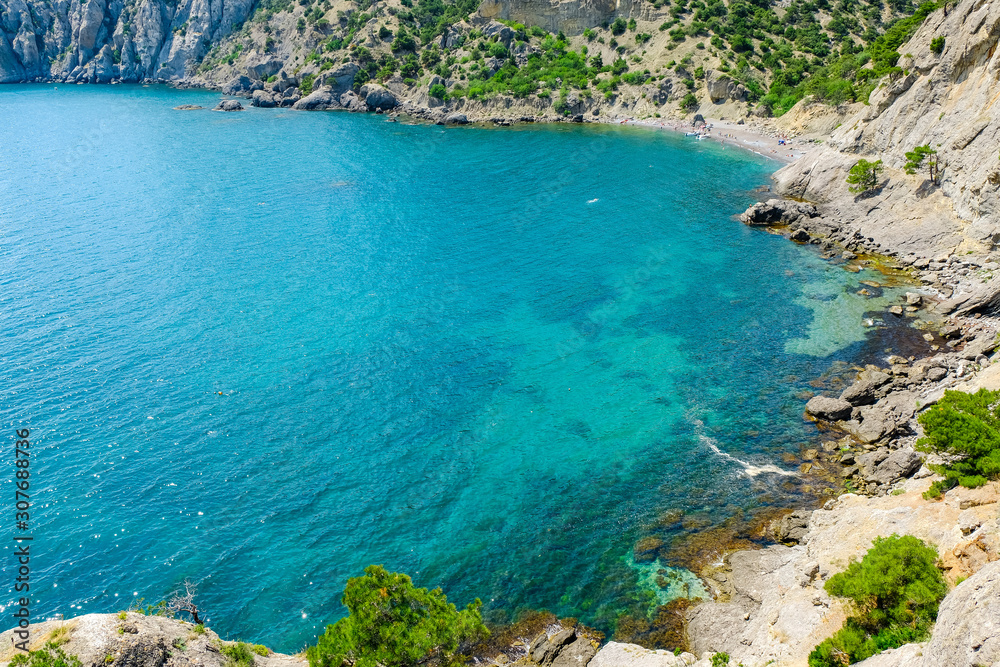 The sea coast of the Crimea, the village of Novy Svet near Sudak. Summer sea landscape