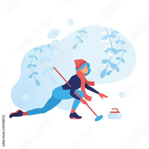 Curling game winter sport illustration. girl pushes a stone to the center. Outdoor snow games, cartoon character. frozen plants isolated background. Vector