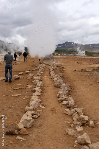 Steaming sulphur fumaroles at geothermal area Hverir in Iceland. Europe