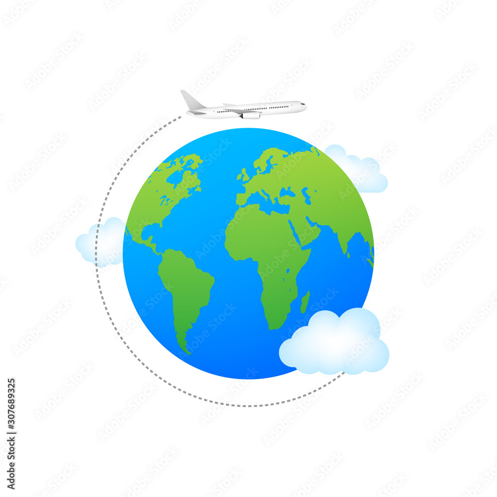 Fototapeta premium Plane and globe. Aircraft flying around Earth planet with continents and oceans. Flight plane, world travel air.