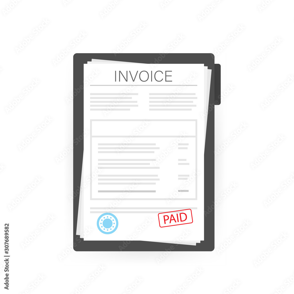Invoice with paid stamp in clipboard. Vector stock illustration. Invoice with paid stamp in clipboard. Vector stock illustration.