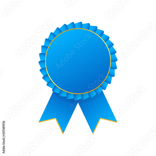 Blue award rosette with ribbon. Vector stock illustration.