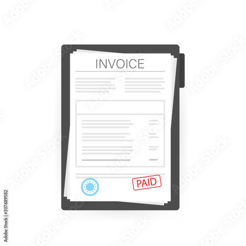 Invoice with paid stamp in clipboard. Vector stock illustration.