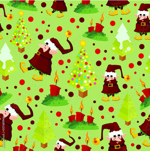 Christmas pattern with elfs, candles, christmas trees and toys, vector cartoon illustration
