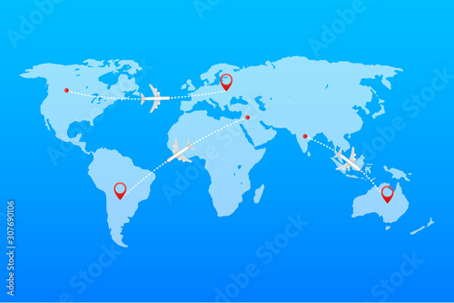 World map whit dashed trace line and airplanes flying. Vector stock illustration.