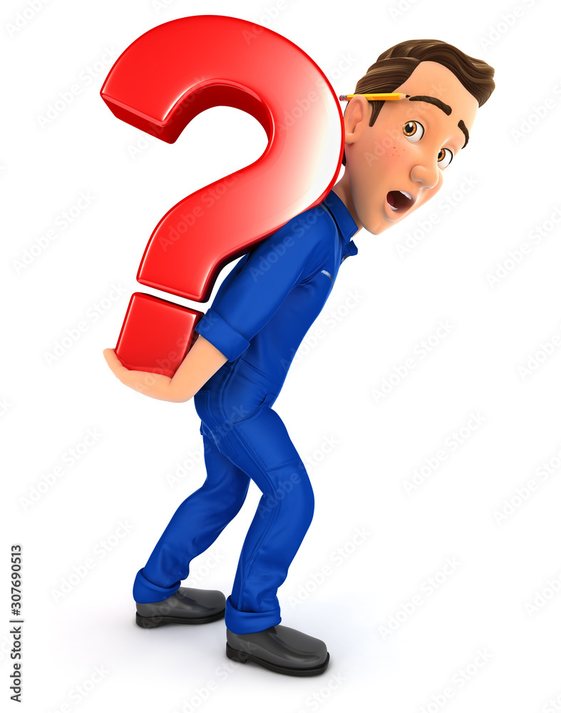 3d mechanic carrying heavy question mark 3d mechanic carrying heavy question mark