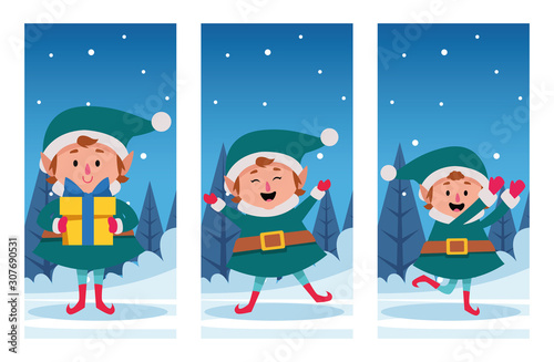 winter snowscape christmas scene with elfs characters