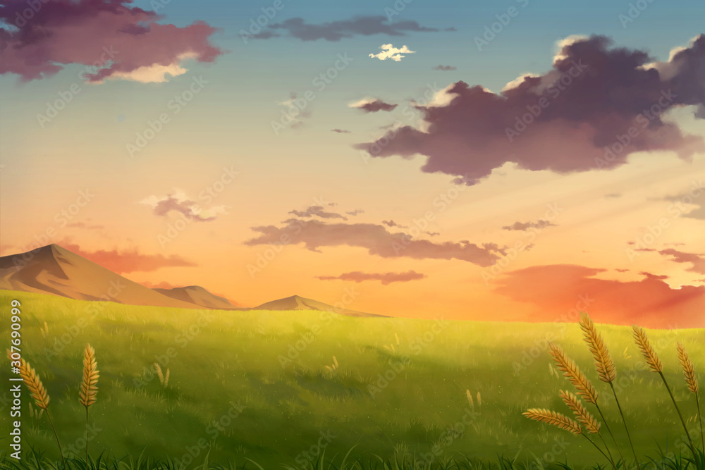 Plakat Popołudniowe zachody słońca niebo chmury - tło anime.