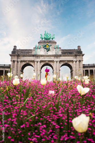 Brussels, Belgium. Famous triumphal arch - entrance to the Cinquantenaire park or Jubelpark.