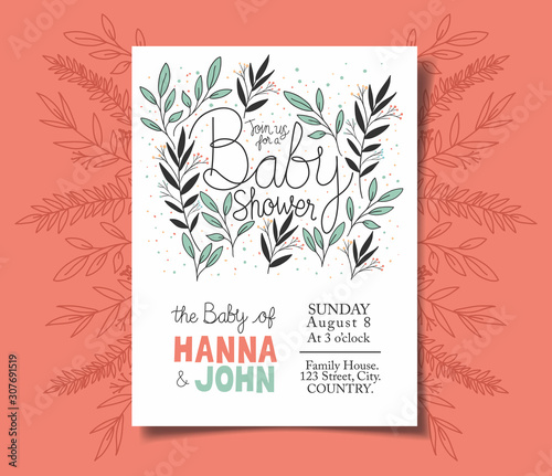 Baby shower invitation with leafs decoration