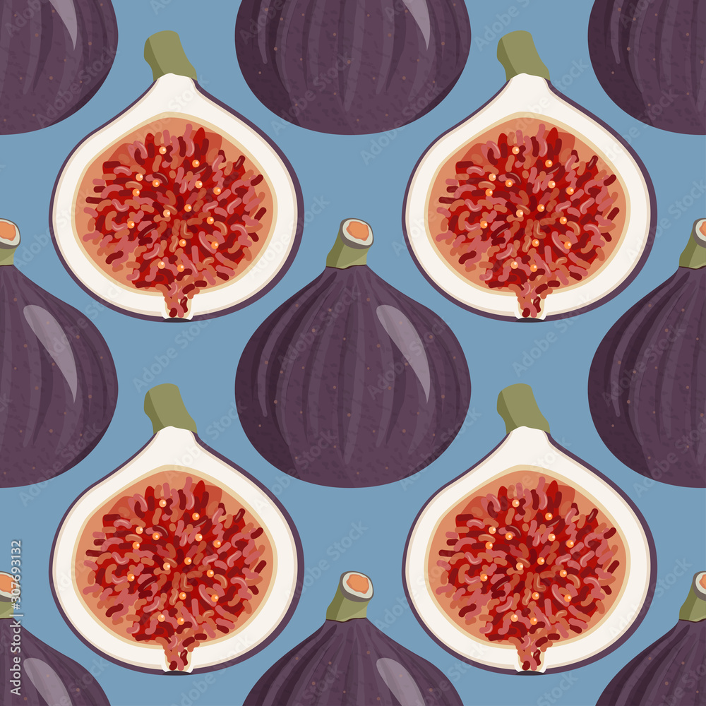 Fototapeta Seamless pattern with fresh figs whole and half. Food background.