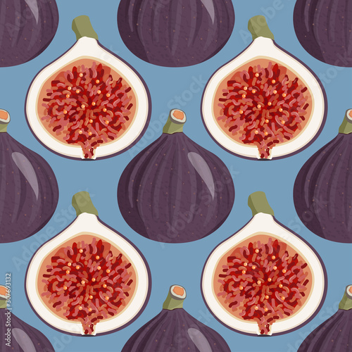 Seamless pattern with fresh figs whole and half. Food background.