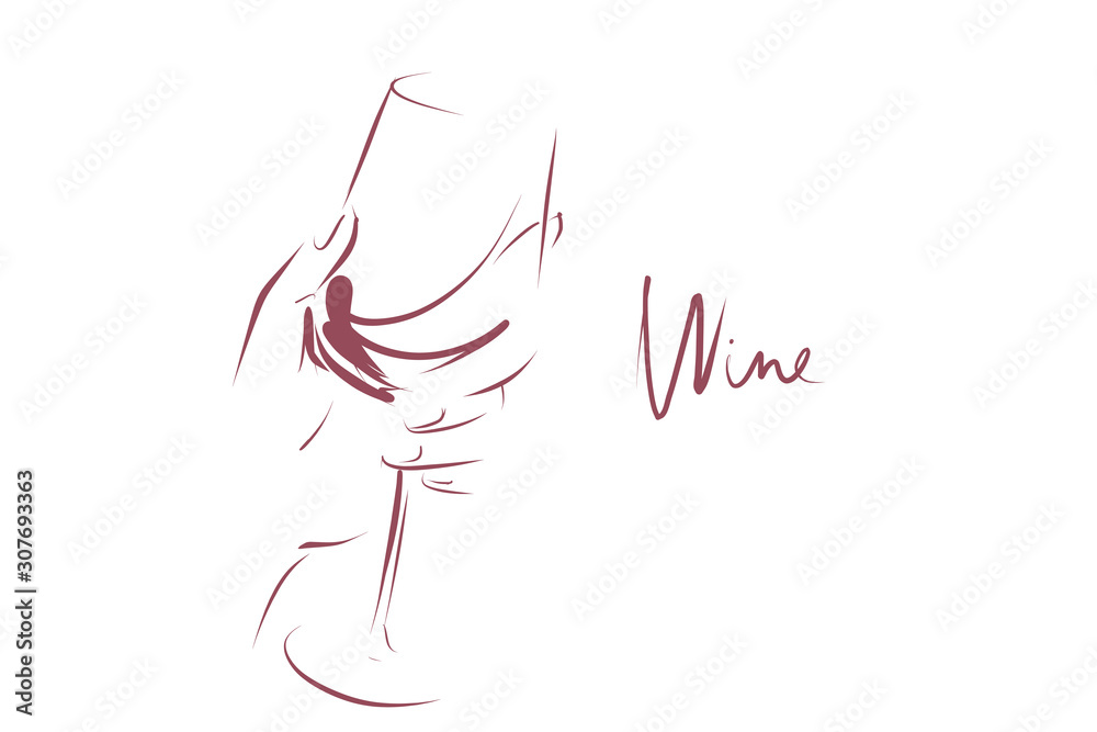 Glass of wine in woman's hand. Hand drawn and calligraphic design elements on the theme of wine tasting. Vector